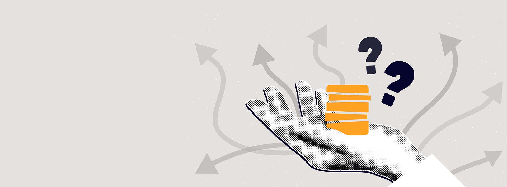 Ilustracja przedstawiająca dłoń, nad którą unoszą się monety oraz znaki zapytania, symbolizująca niepewność przy procesie weryfikacji kredytowej