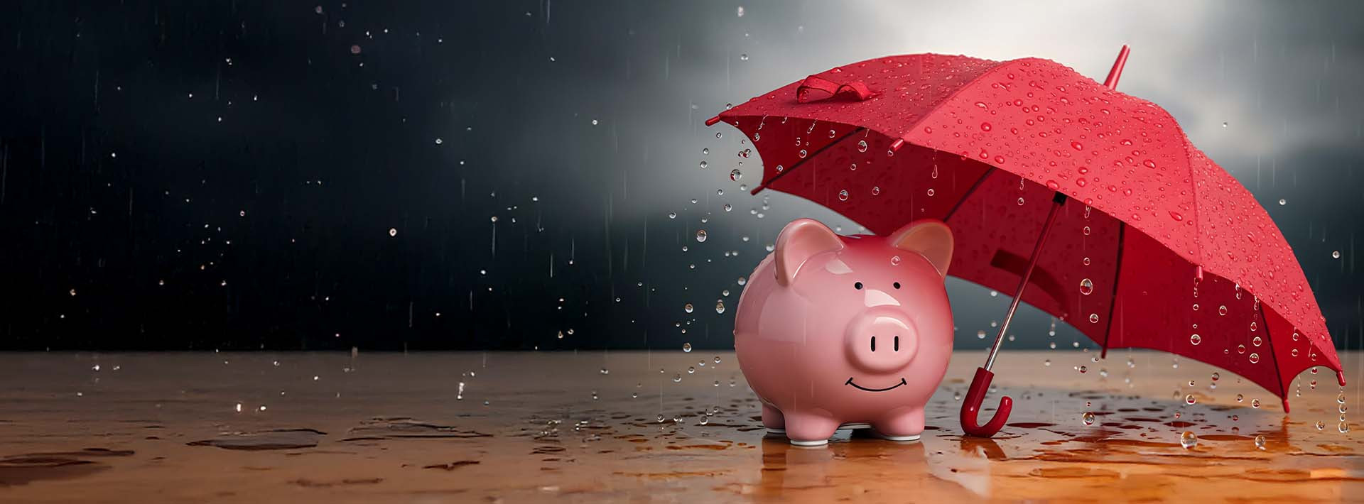 Skarbonka w kształcie świnki chroniona czerwonym parasolem podczas deszczu