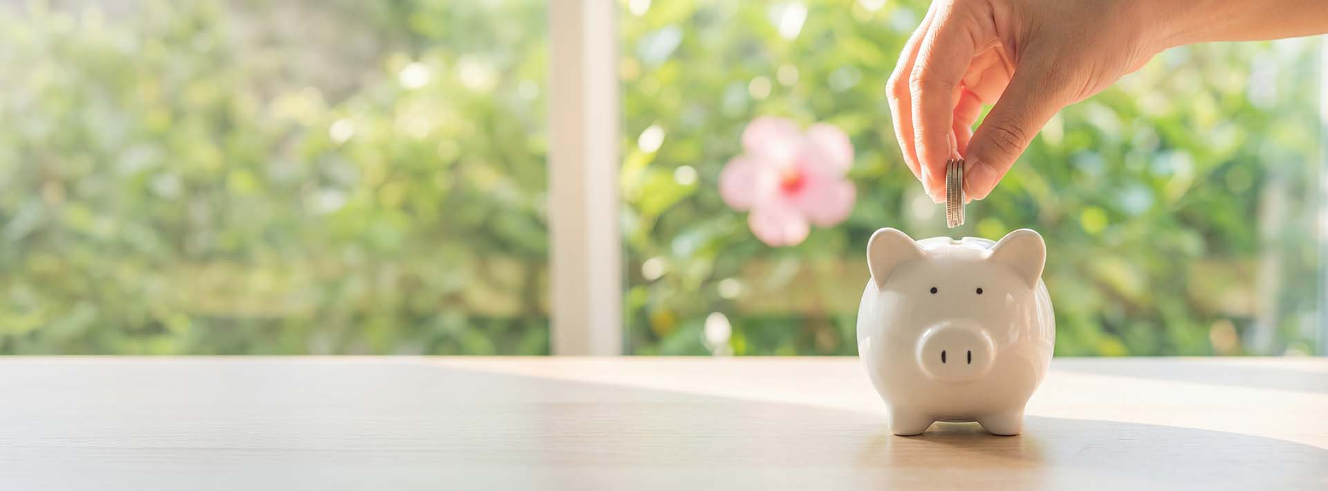 Dłoń wkłada monety do białej skarbonki stojącej na stole, w tle rozmyte zielone rośliny i okno