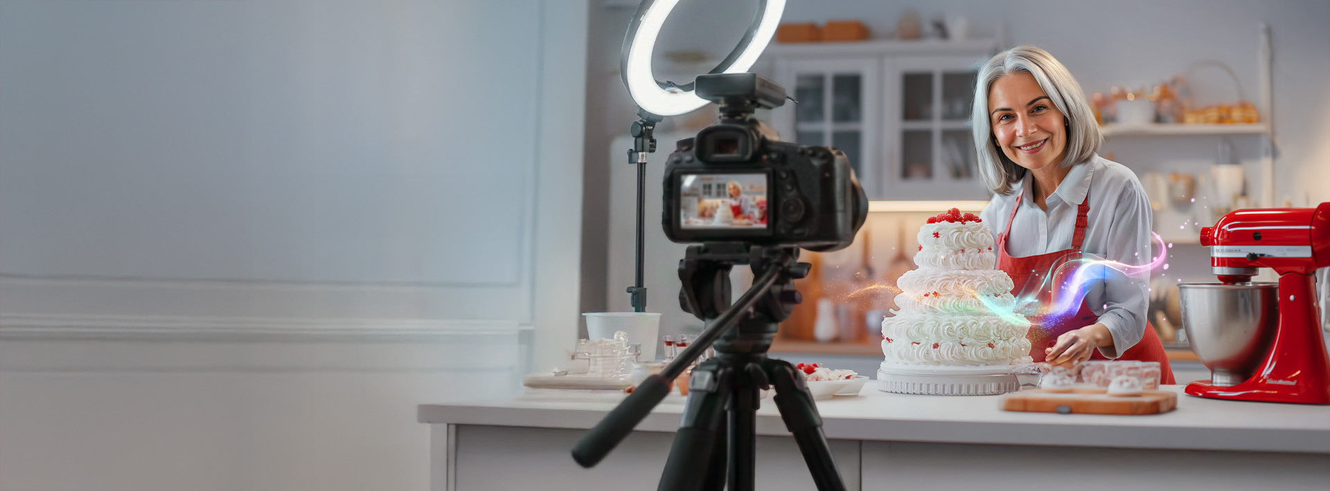 Baner promocyjny Mistrzowskiego kredytu gotówkowego. Kobieta stoi w kuchni przy torcie, przed nią aparat na statywie nagrywający wideo.