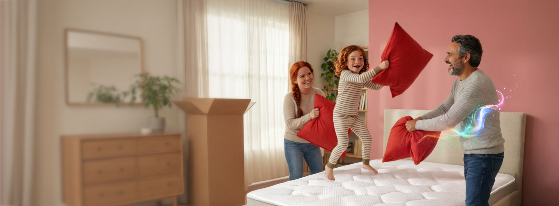 Baner promujący kredyt online. Rodzina (mama, tata i córka) bawiąca się czerwonymi poduszkami na łóżku