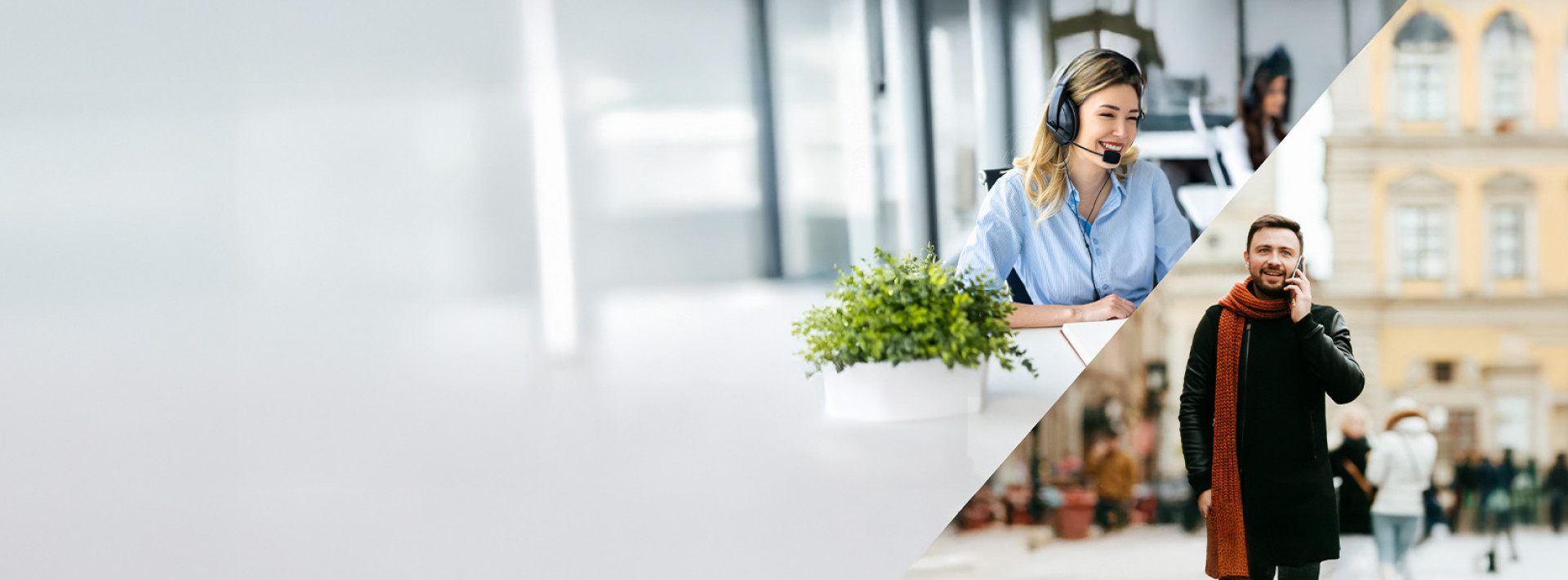 na zdjęciu widzimy kolaż - z jednej stronu uśmiechnięta, młoda kobieta w słuchawkach, z drugiej strony mężczyzna trzymający przy uchu telefon 