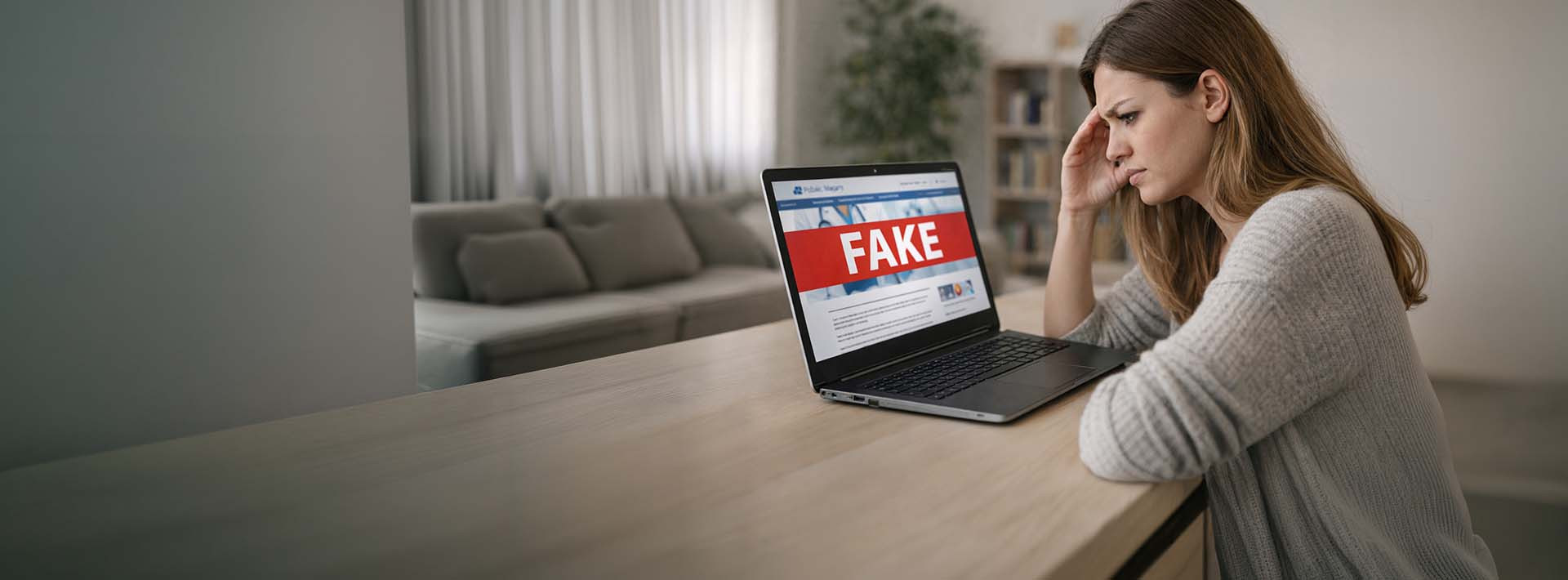 kobieta wpatrująca się w ekran laptopa, na którym widzimy duży napis FAKE