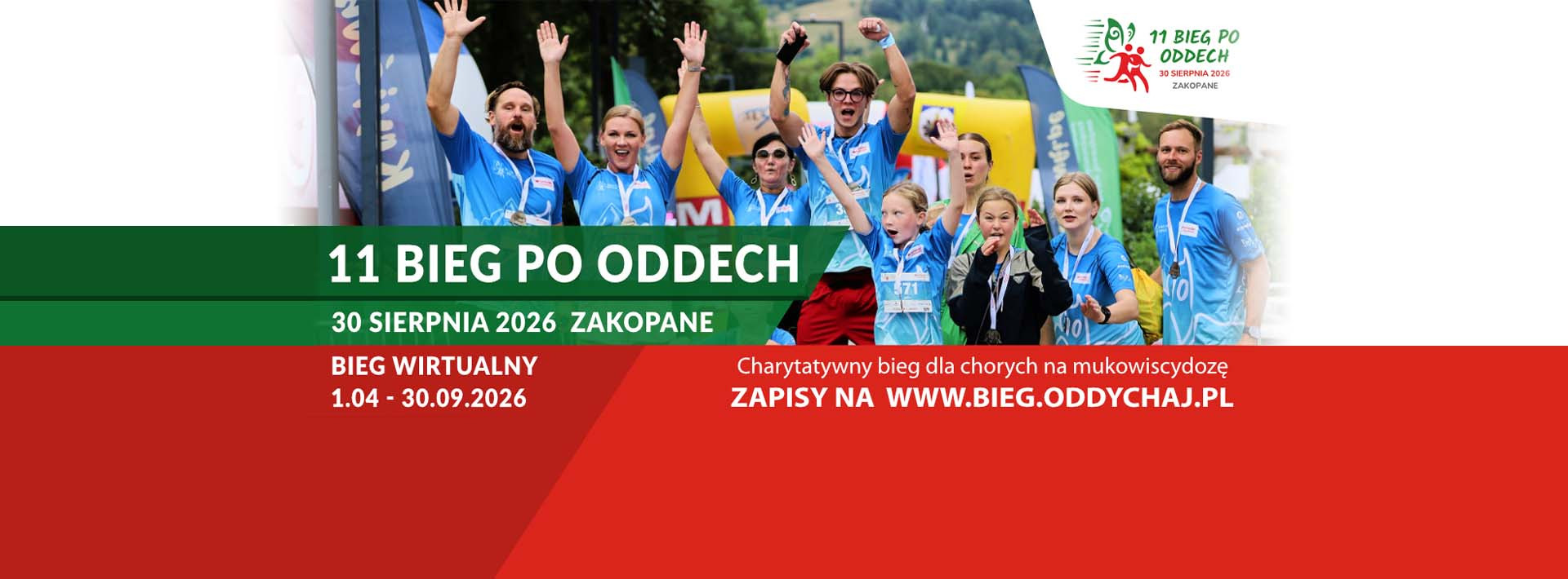 Na zdjęciu uczestnicy biegu po oddech z medalami oraz napisy "11 bieg po oddech", "30 sierpnia 2026 Zakopane", "bieg wirtualny 1.04-30.09.2026"