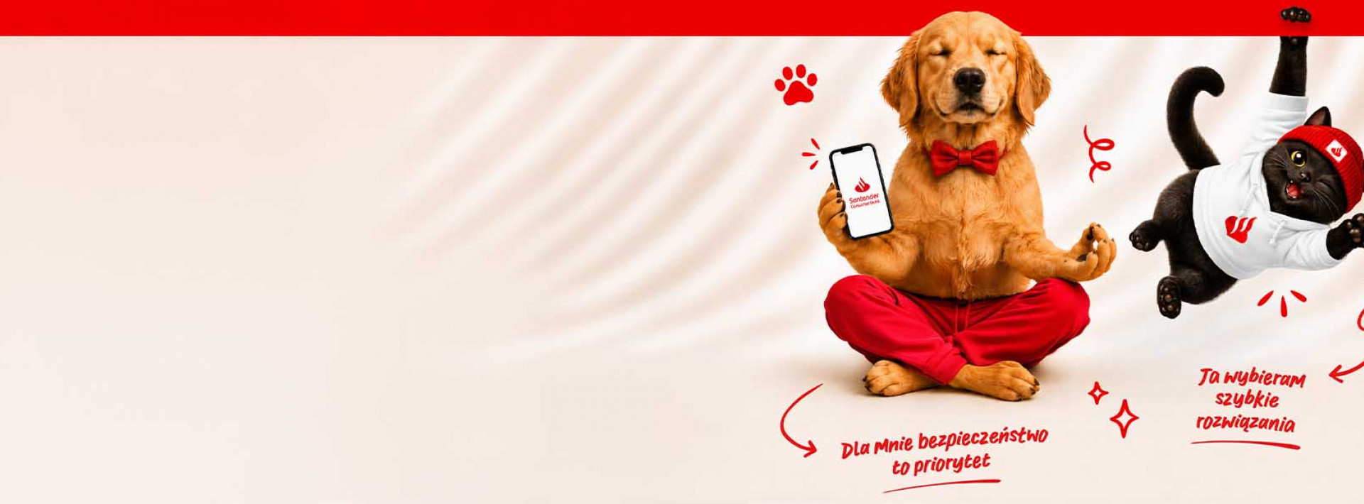 na zdjęciu widzimy psa przypominającego golden retrivera siedzącego w pozycji zen i trzymającego telefon, pod nim jest napis "dla mnie bezpieczeństwo to priorytet". obok jest zawadiacki kot, zwisający z poprzeczki, a pod nim napis "ja wybieram szybkie rozwiązania"