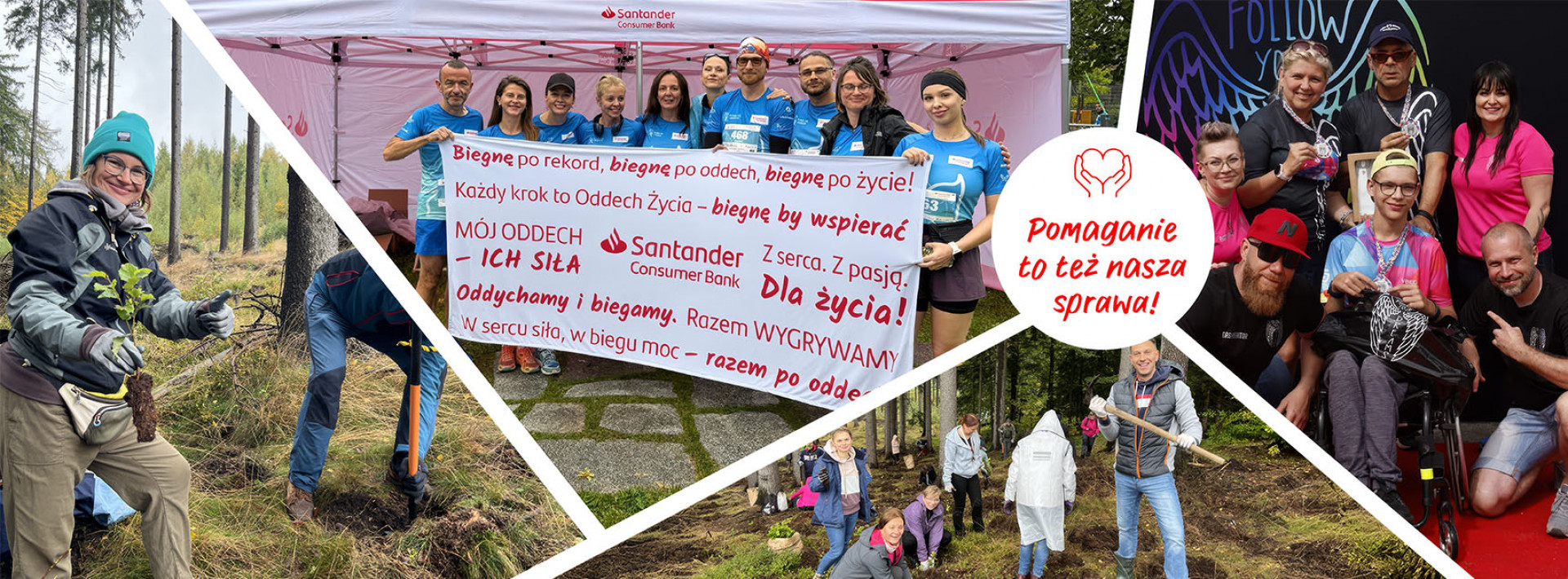 Montaż kilku ujęć pracowników banku realizujących różne projekty: sadzenie drzew, bieganie, pomoc potrzebującym