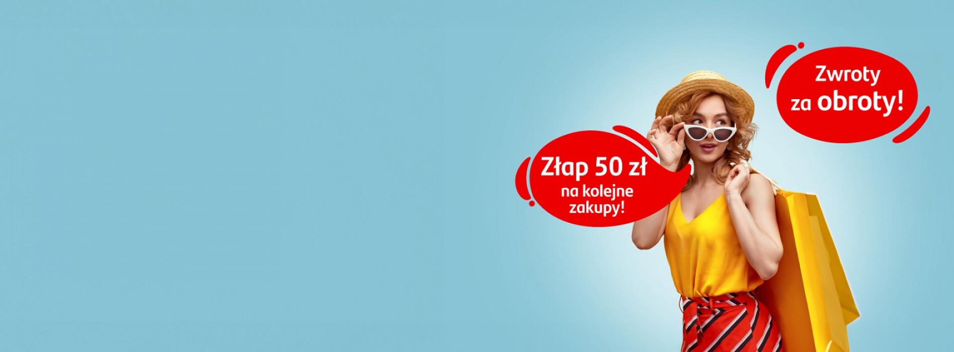 kobieta na zakupach mówi: Zwroty za obroty - złap 50zł na kolejne zakupy!