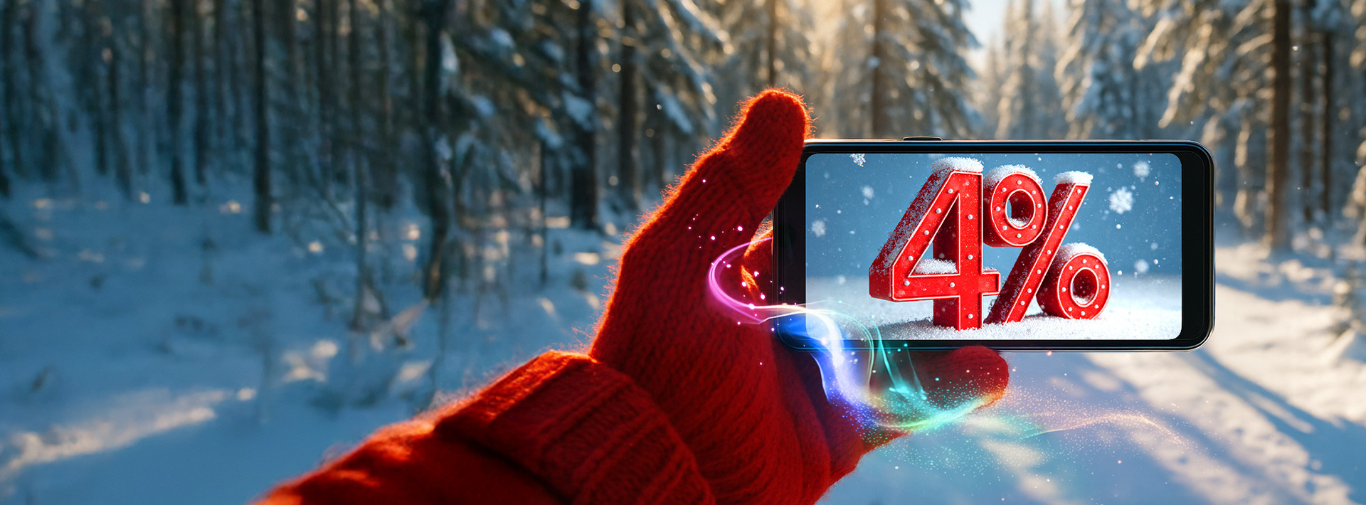 widok na smartfona trzymanego w rękach, na ekranie napis 4% czyli mobilnie równa się korzystniej