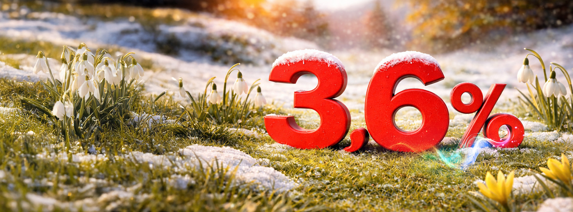 liczba 3,6% na tle zimowej łąki ustępującej miejsca wiośnie