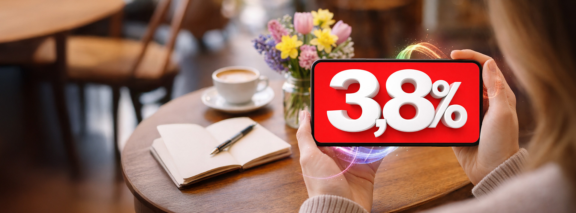 widok na smartfona trzymanego w rękach, na ekranie napis 3,8% czyli mobilnie równa się korzystniej