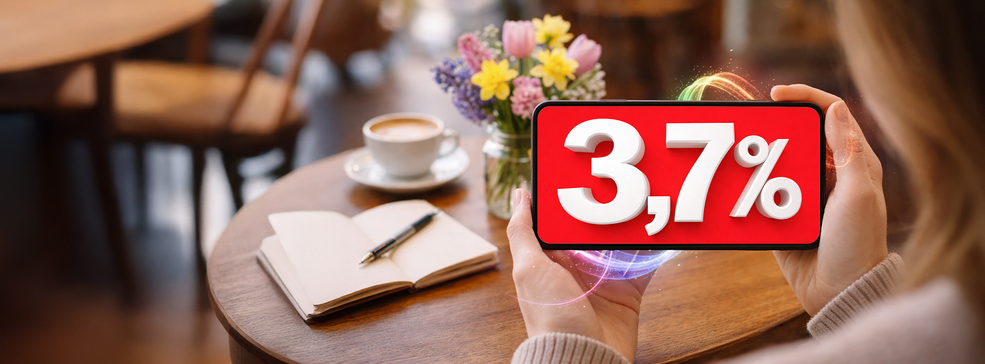 widok na smartfona trzymanego w rękach, na ekranie napis 3,7% czyli mobilnie równa się korzystniej