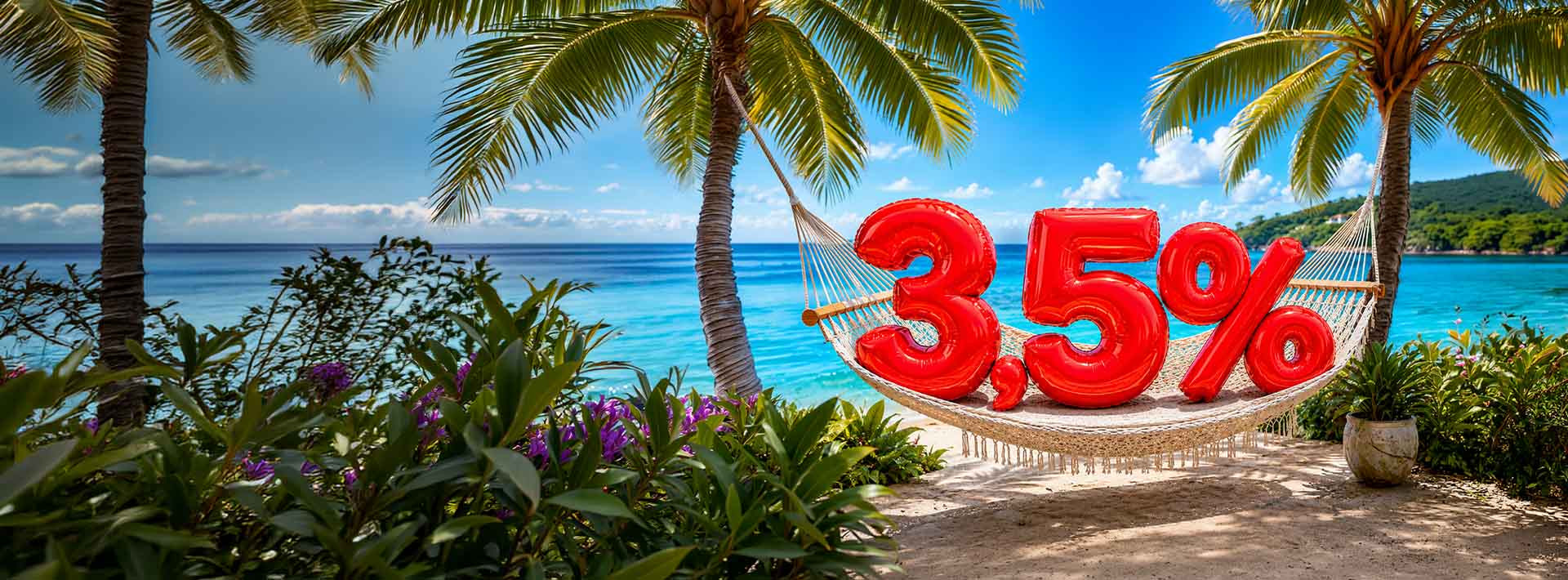liczba 3,5% na hamaku pod palmami