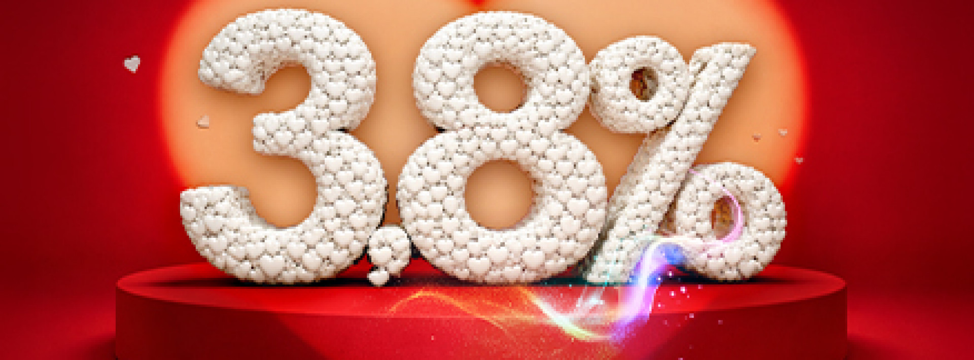 Baner promocyjny lokaty - liczba 3,8% na czerwonym tle z motywem serc