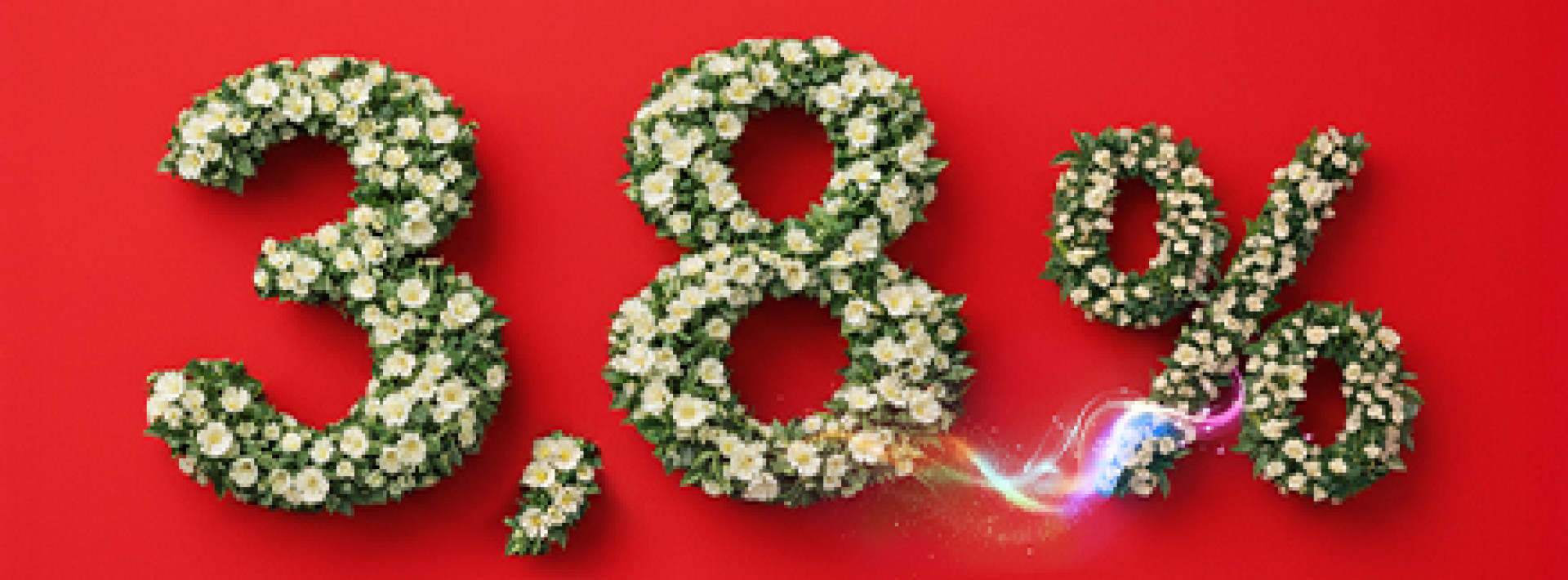 Baner promocyjny lokaty - liczba 3,8% na czerwonym tle z motywem serc