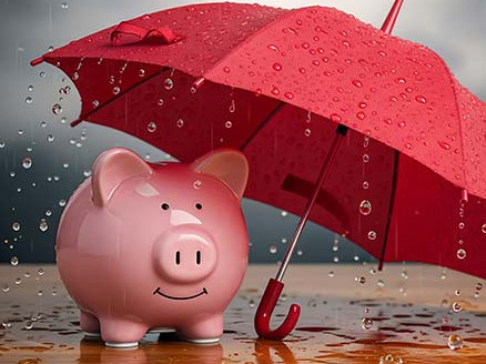 Skarbonka w kształcie świnki chroniona czerwonym parasolem podczas deszczu