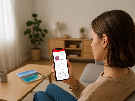 kobieta trzyma telefon, na którym wyświetlana jest aplikacja mobilna banku