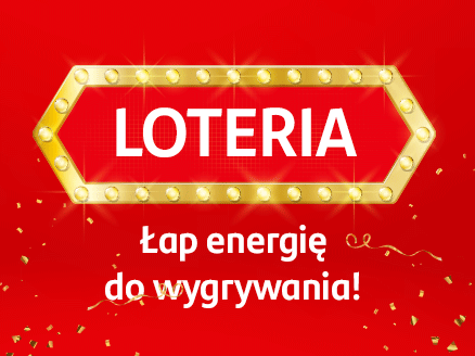 neon z napisem Loteria i pod spodem hasło Łap energię do wygrywania