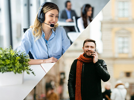 na zdjęciu widzimy kolaż - z jednej stronu uśmiechnięta, młoda kobieta w słuchawkach, z drugiej strony mężczyzna trzymający przy uchu telefon 