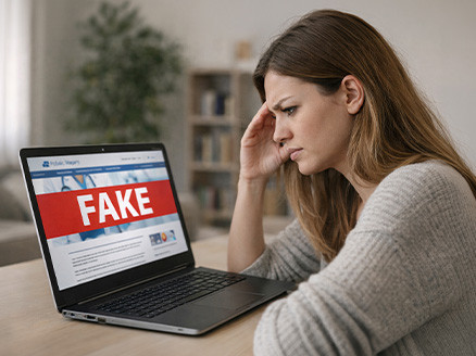 kobieta wpatrująca się w ekran laptopa, na którym widzimy duży napis FAKE
