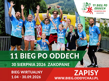 Na zdjęciu uczestnicy biegu po oddech z medalami oraz napisy "11 bieg po oddech", "30 sierpnia 2026 Zakopane", "bieg wirtualny 1.04-30.09.2026"