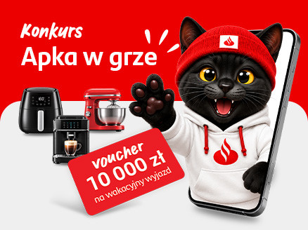 Grafika promująca konkurs „Apka w grze”. Na czerwonym tle widoczny jest czarny kot w czerwonej czapce i białej bluzie z logo Santander, wychylający się ze smartfona. Obok znajdują się nagrody: frytkownica beztłuszczowa, ekspres do kawy oraz robot kuchenny. Na pierwszym planie widoczny jest czerwony voucher o wartości 10 000 zł na wakacyjny wyjazd. Na grafice znajduje się napis: „Konkurs. Apka w grze”.
