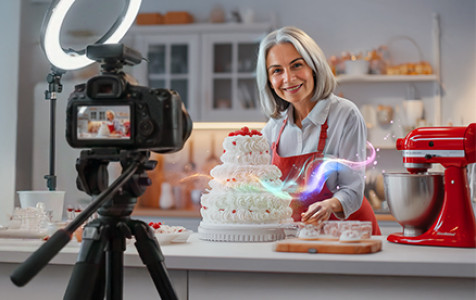 Baner promocyjny Mistrzowskiego kredytu gotówkowego. Kobieta stoi w kuchni przy torcie, przed nią aparat na statywie nagrywający wideo.