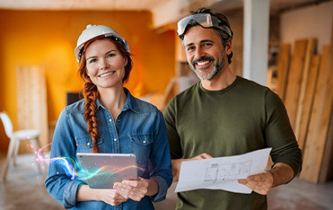 Kobieta i mężczyzna w kaskach ochronnych trzymających dokumenty