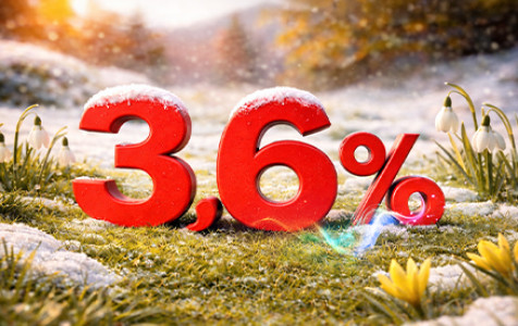 liczba 3,6% na tle zimowej łąki ustępującej miejsca wiośnie