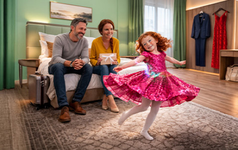 Baner promocyjny Mistrzowskiego kredytu gotówkowego. Para kobieta i mężczyzna siedzą na sofie, przed nimi tańczy dziewczynka prezentując nową sukienkę.