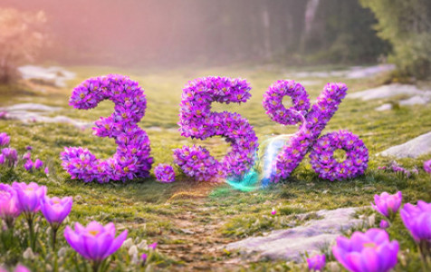 Baner promocyjny lokaty - liczba 3,5% ułożona z wiosennych kwiatów na tle wiosennej łąki