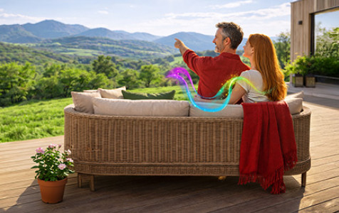 Para relaksuje się na tarasie z widokiem na zieloną dolinę i góry w słoneczny dzień.