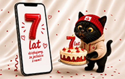 7. urodziny aplikacji Santander Consumer Bank – telefon z cyfrą 7 i kot w urodzinowej czapeczce trzymający tort.