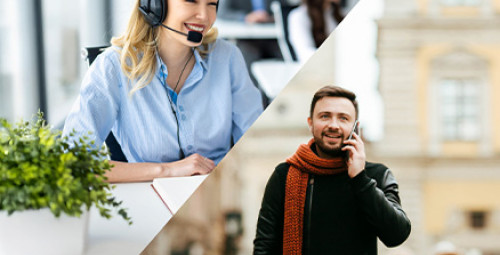 na zdjęciu widzimy kolaż - z jednej stronu uśmiechnięta, młoda kobieta w słuchawkach, z drugiej strony mężczyzna trzymający przy uchu telefon 