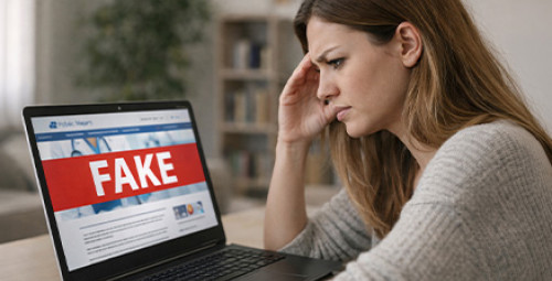 kobieta wpatrująca się w ekran laptopa, na którym widzimy duży napis FAKE