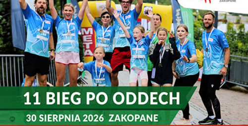 Na zdjęciu uczestnicy biegu po oddech z medalami oraz napisy "11 bieg po oddech", "30 sierpnia 2026 Zakopane", "bieg wirtualny 1.04-30.09.2026"