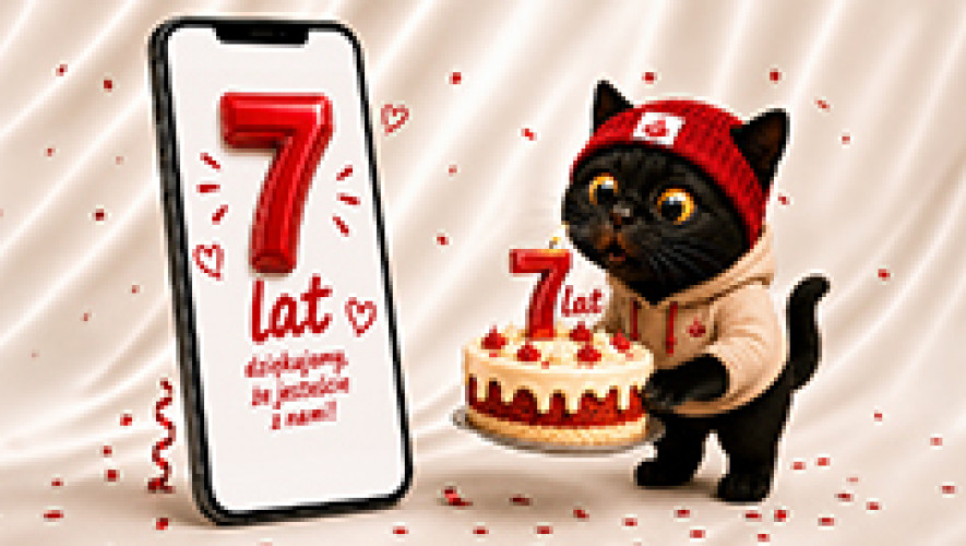 7. urodziny aplikacji Santander Consumer Bank – telefon z cyfrą 7 i kot w urodzinowej czapeczce trzymający tort.